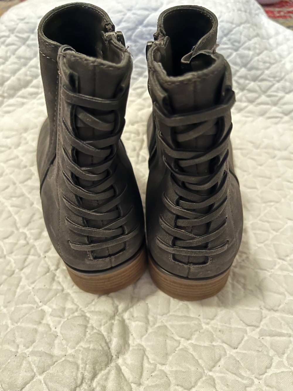 Cute Gray faux suede ankle boots w/ braided heel detail